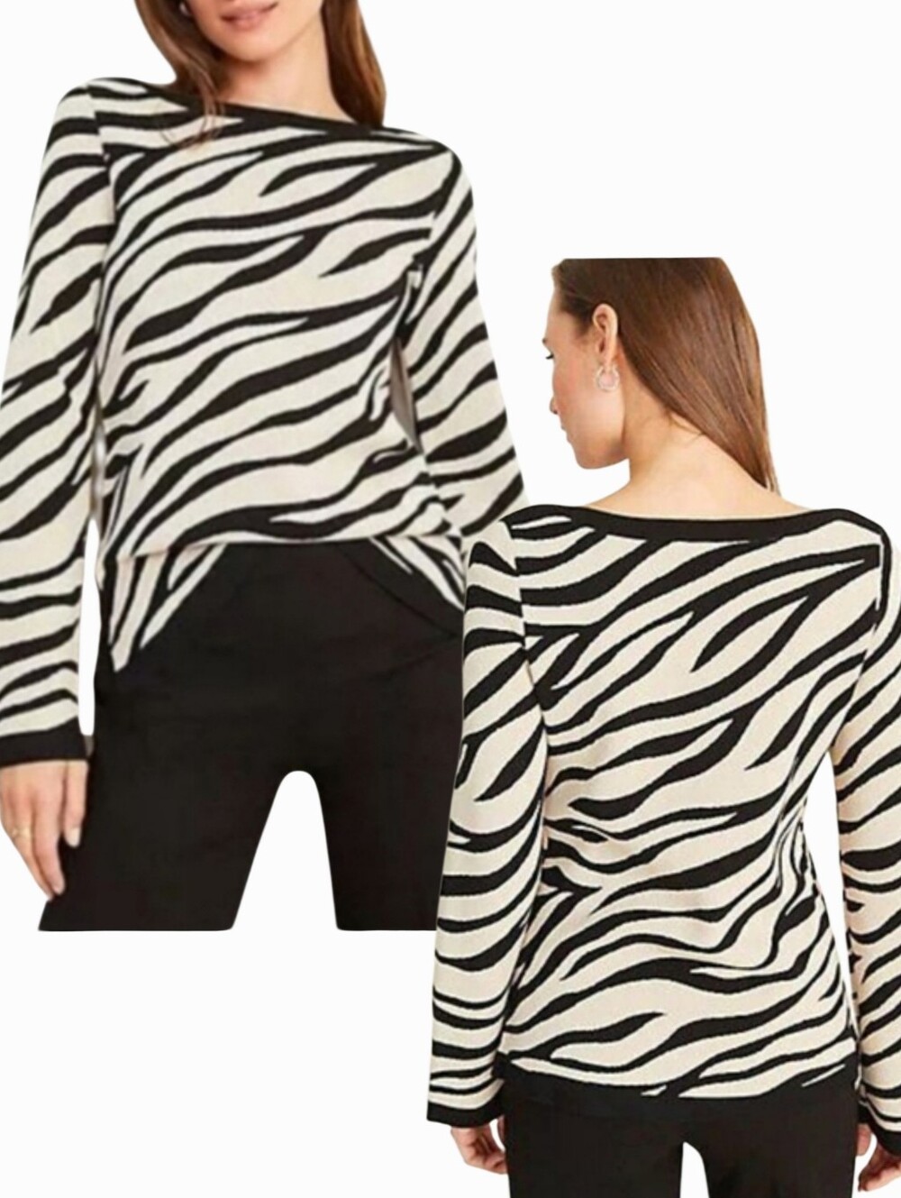 Ann Taylor Sweater Boat Neck Women's Medium Black Cream Zebra Animal Seasonless